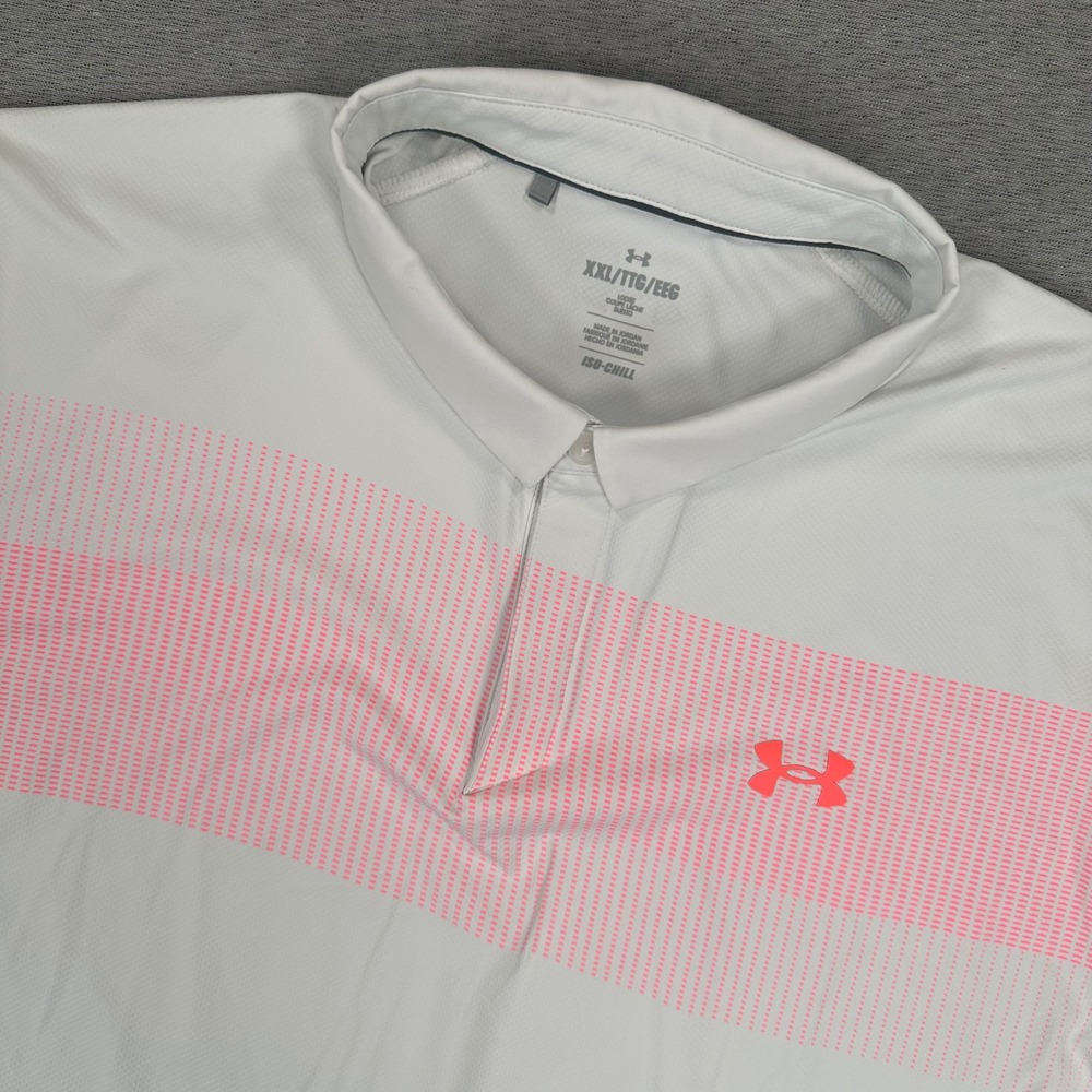 Under Armour Iso Chill Golf Polo Shirt Mens 2XL White Pink Short Sleeve EUC